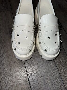 Women’s White Studded Chunky Loafer - Fashionable Platform Slip-On - worn twice